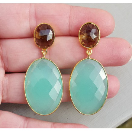 Gold vergoldete Ohrringe mit Aqua Chalcedone und Smokey Topaz