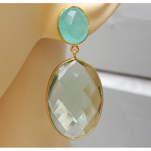 Gold gilded earrings with green amethyst and chalcedone