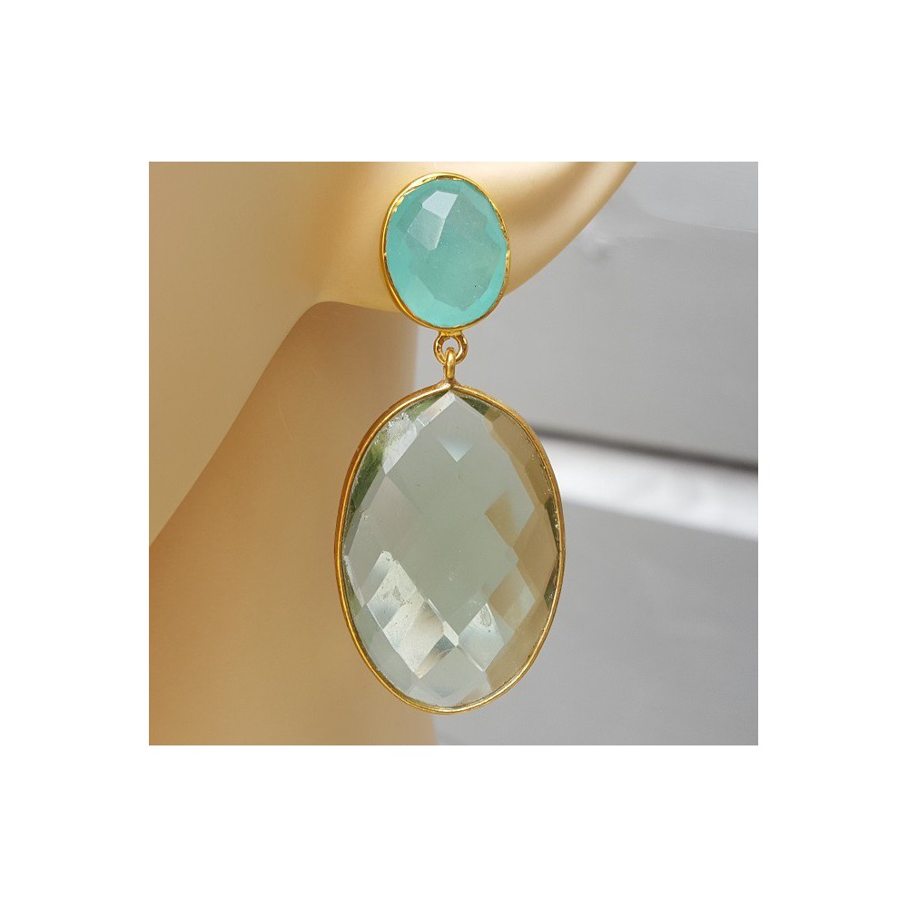 Gold gilded earrings with green amethyst and chalcedone