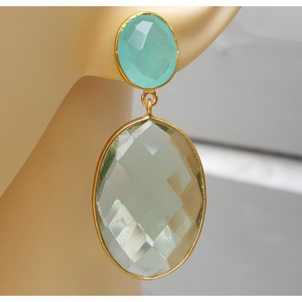 Gold gilded earrings with green amethyst and chalcedone