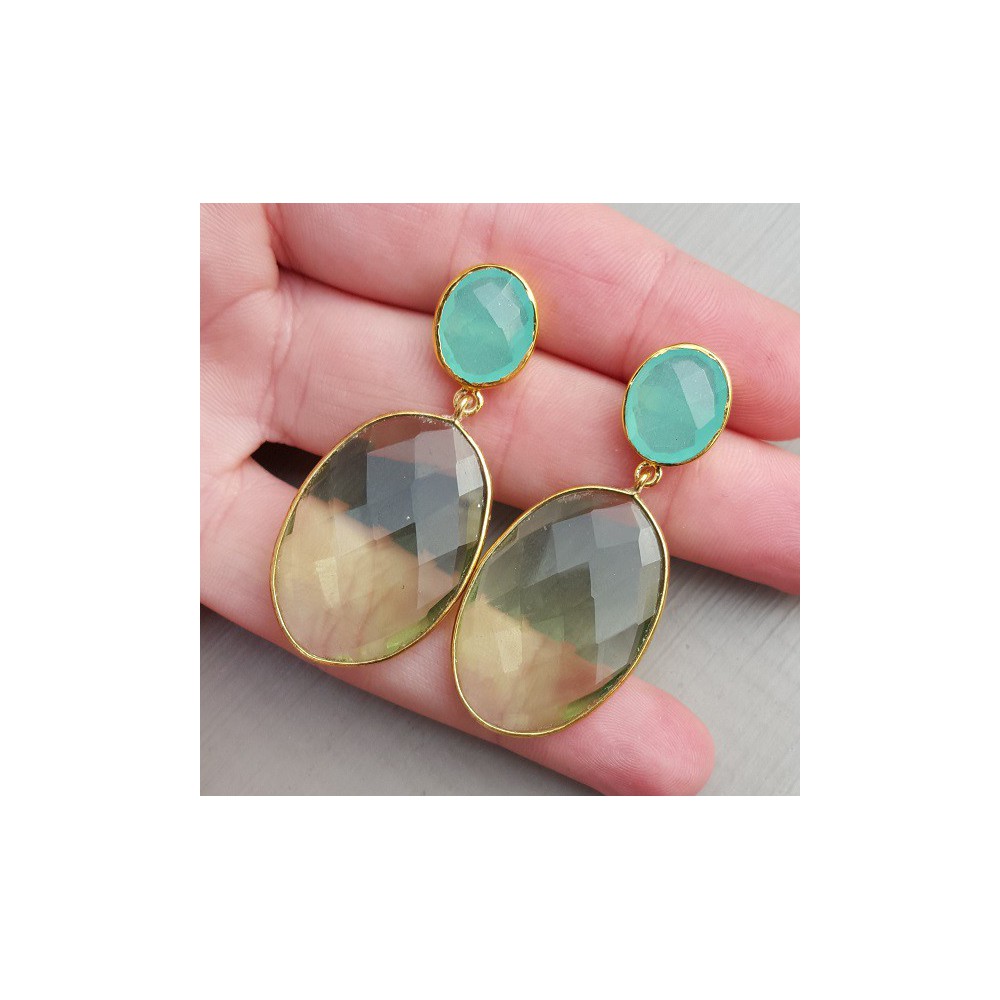 Gold gilded earrings with green amethyst and chalcedone