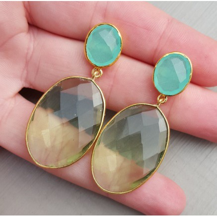 Gold gilded earrings with green amethyst and chalcedone