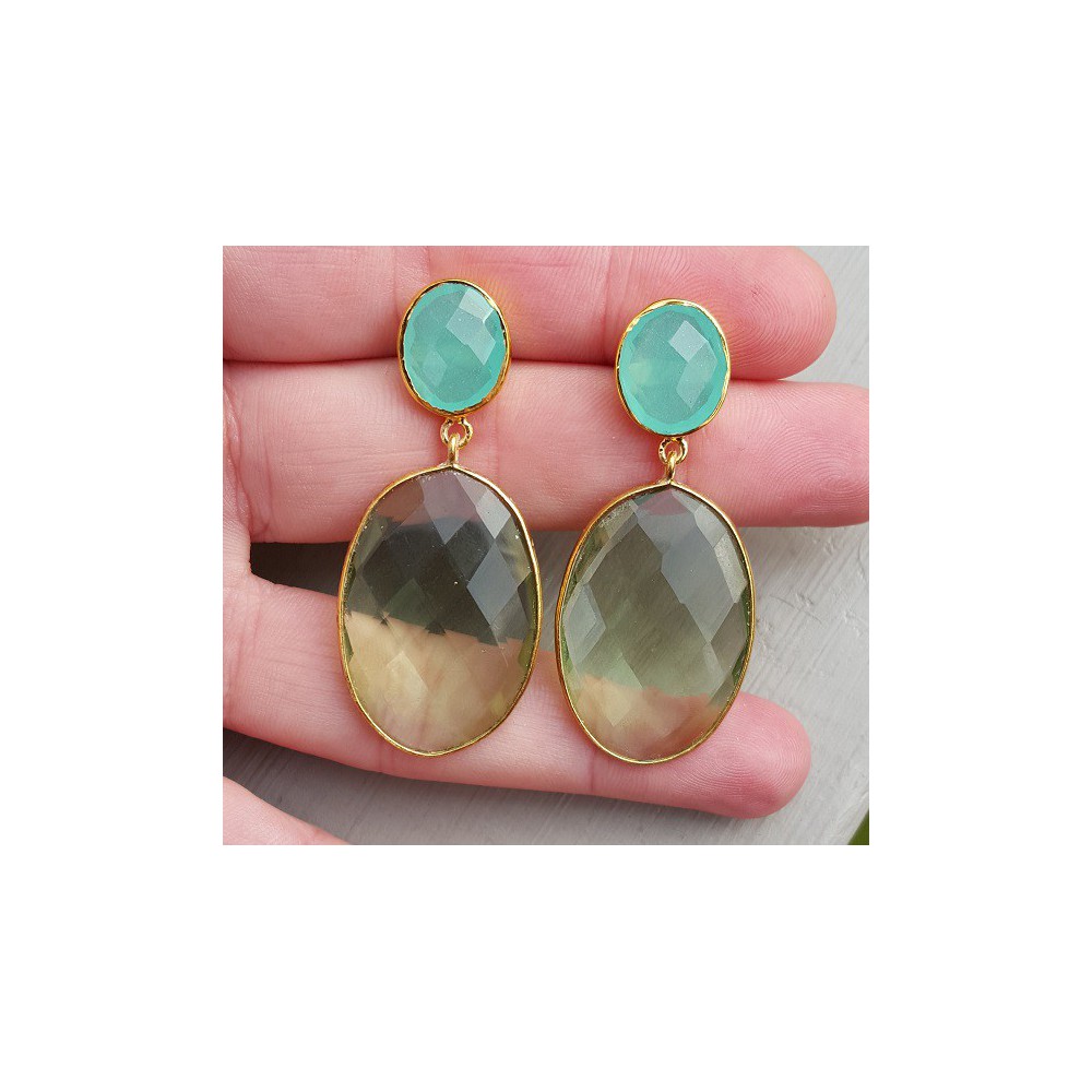 Gold gilded earrings with green amethyst and chalcedone