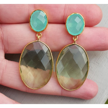 Gold gilded earrings with green amethyst and chalcedone