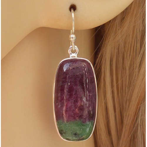 Silver earrings with rectangular ruby ​​zoisite