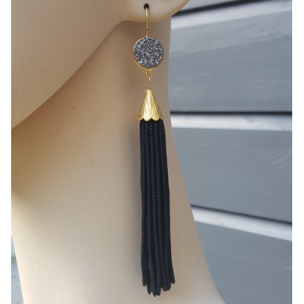 Gilt tassel earrings of black stones and druzy titanium