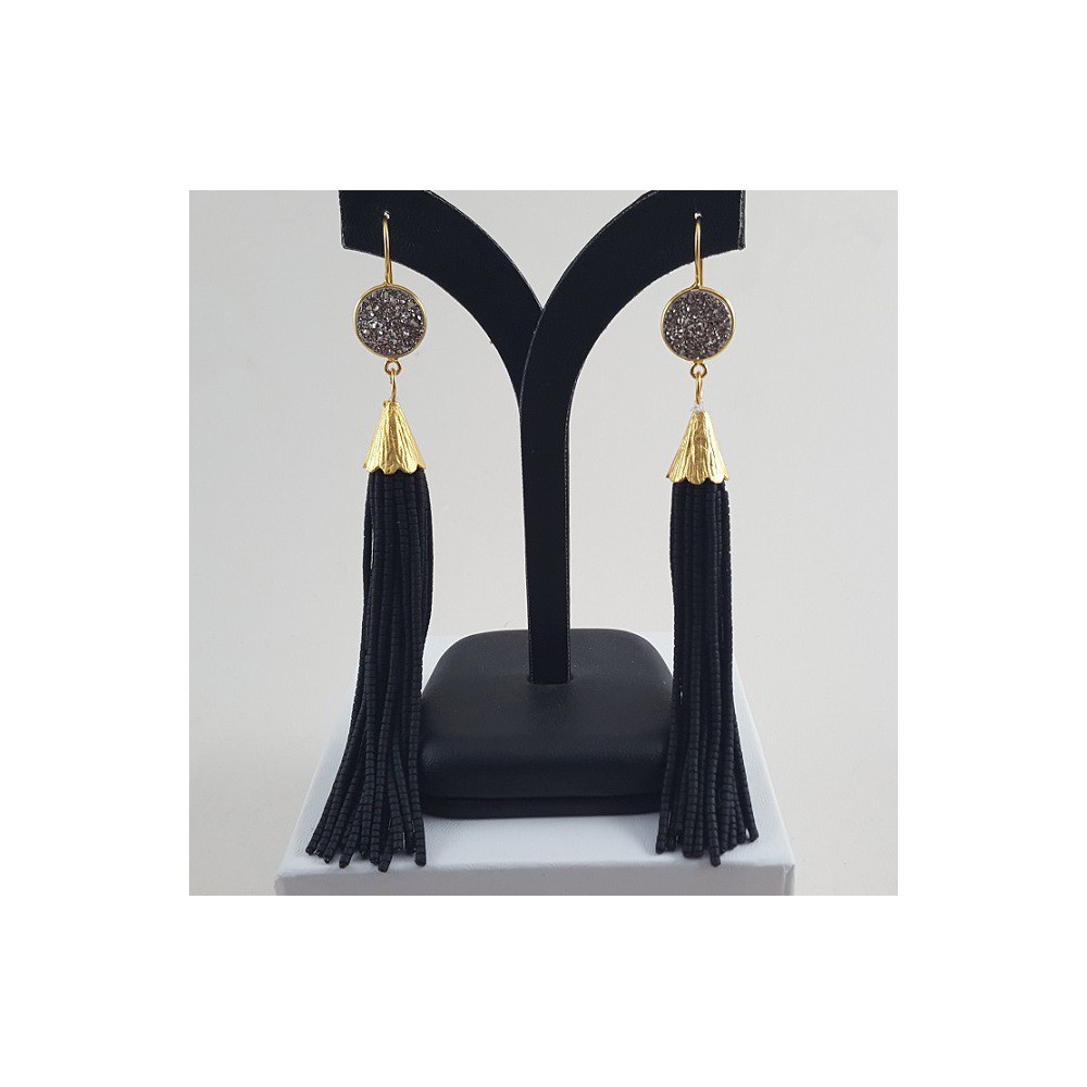 Gilt tassel earrings of black stones and druzy titanium