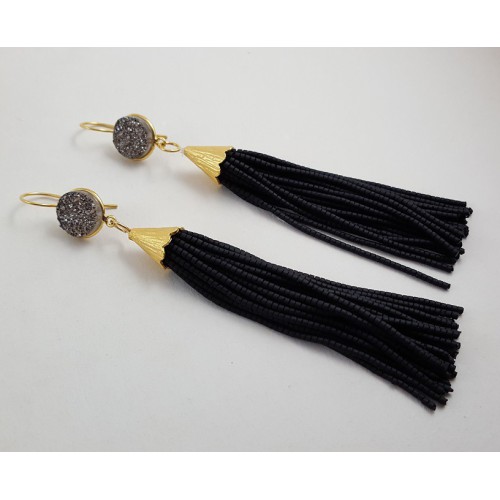 Gilt tassel earrings of black stones and druzy titanium