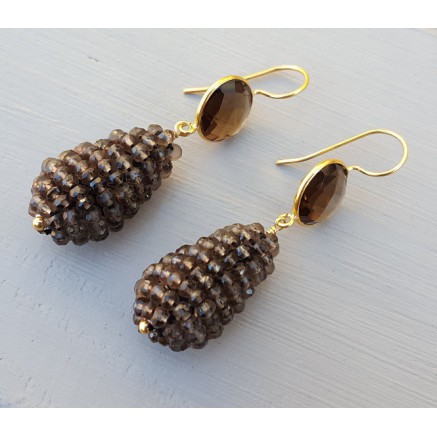 Gilded earrings round smokey and drop made of smokey topazen