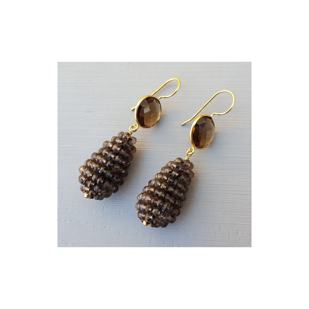 Gilded earrings round smokey and drop made of smokey topazen