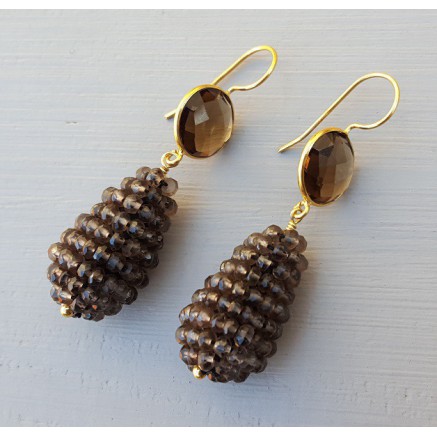 Gilded earrings round smokey and drop made of smokey topazen