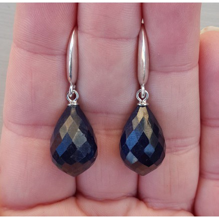 Silver earrings with large dark blue sapphire briolet