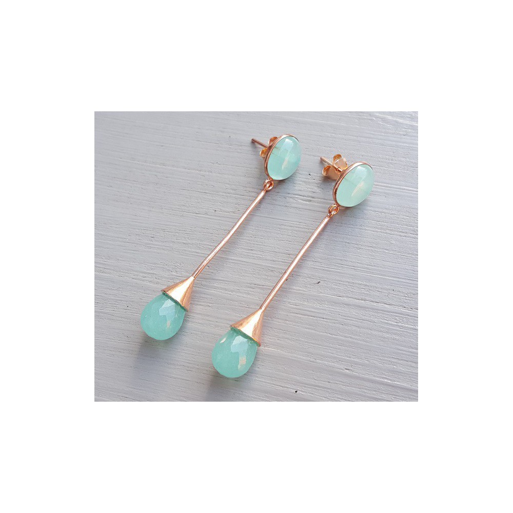 Rosé gilt long earrings set with Aqua Chalcedone