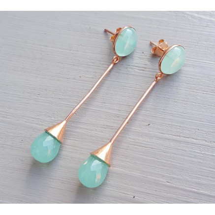 Rosé gilt long earrings set with Aqua Chalcedone