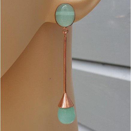 Rosé gilt long earrings set with Aqua Chalcedone