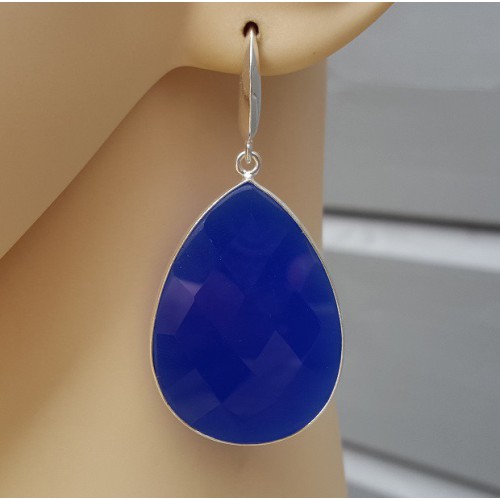 Silver earrings with large cobalt blue chalcedone