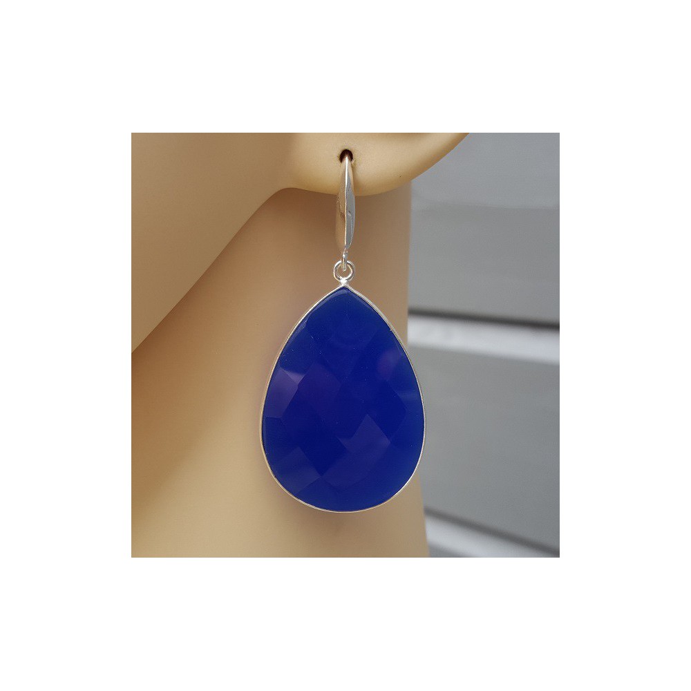 Silver earrings with large cobalt blue chalcedone