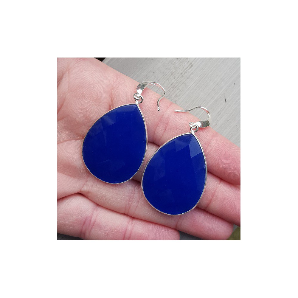 Silver earrings with large cobalt blue chalcedone