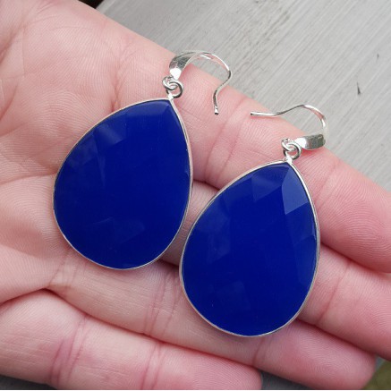 Silver earrings with large cobalt blue chalcedone