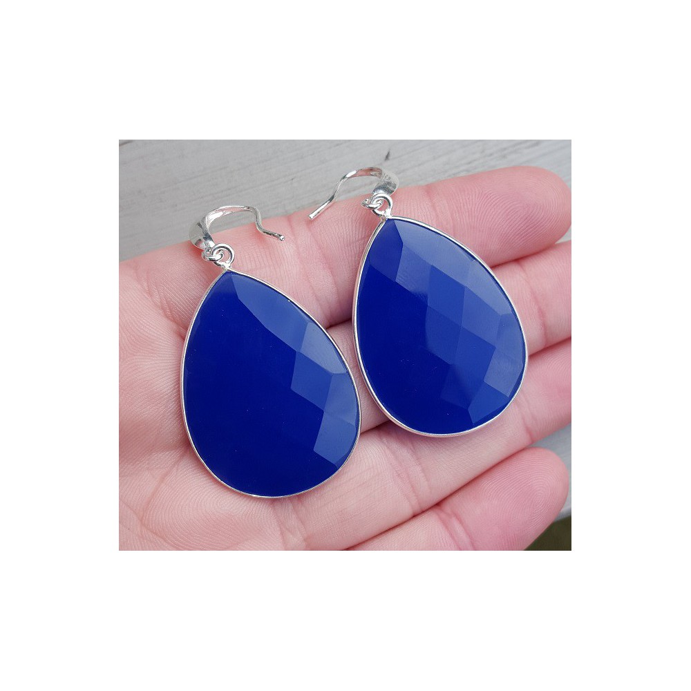 Silver earrings with large cobalt blue chalcedone