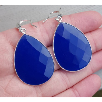 Silver earrings with large cobalt blue chalcedone