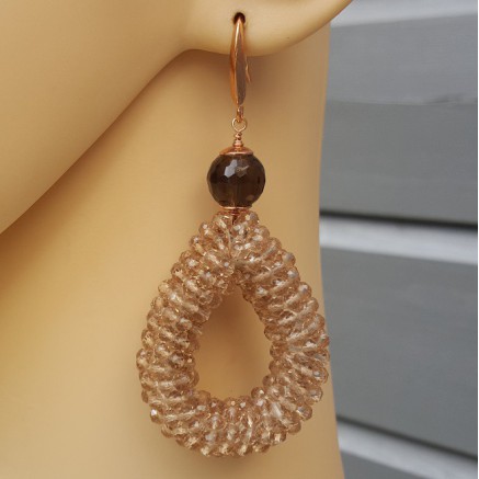 Rosé gilt earrings open drop of crystals and smokey topaz