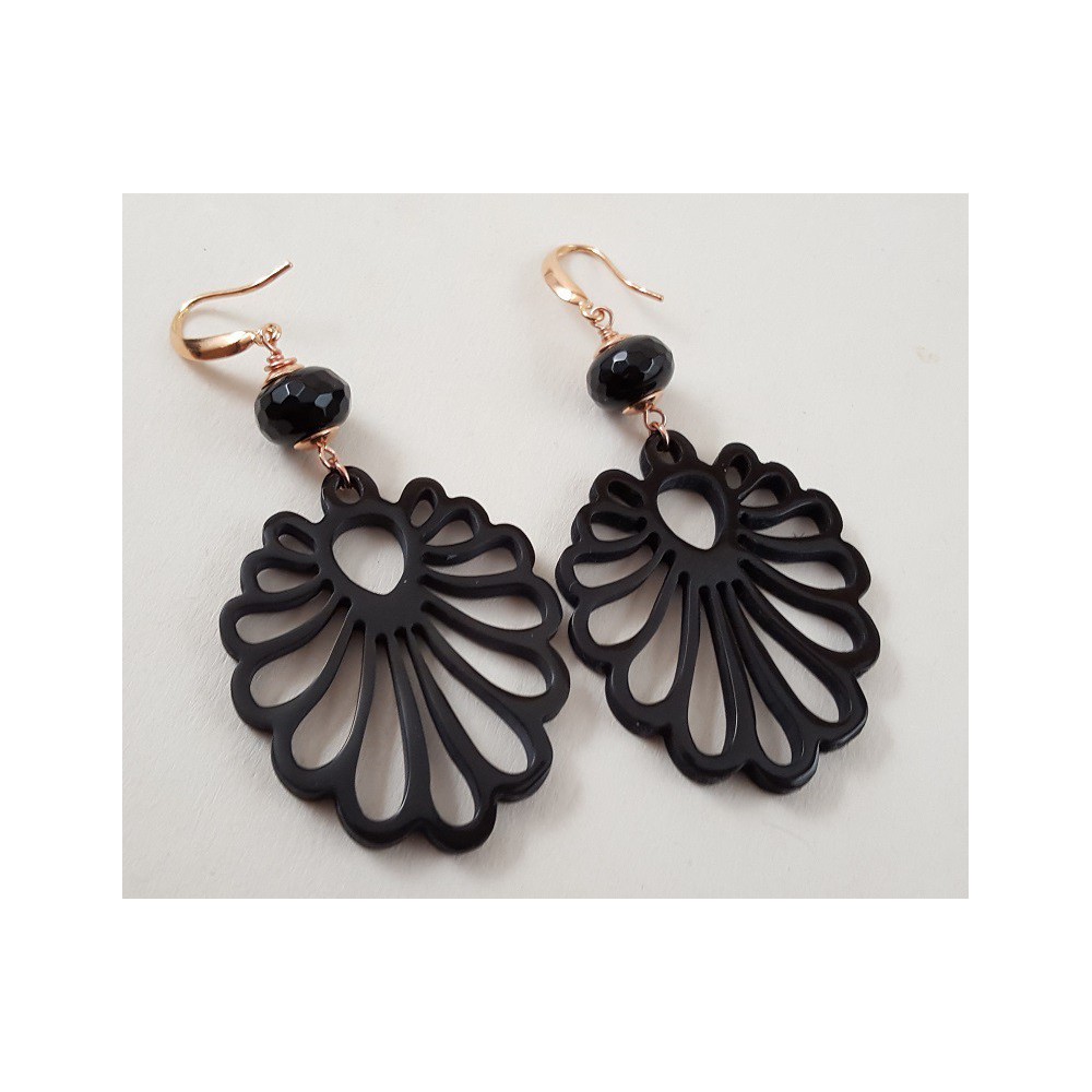 Earrings with black onyx and cut black buffalo horn