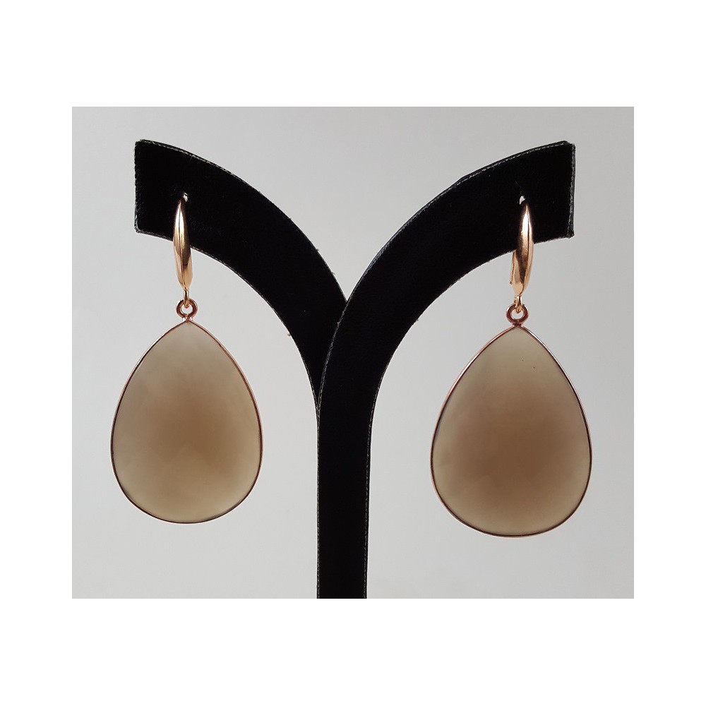 Rosé gilt earrings with large gray chalcedone