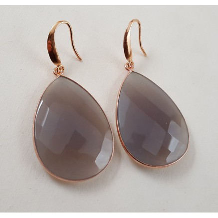 Rosé gilt earrings with large gray chalcedone