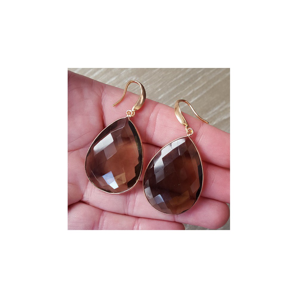 Rosé gilt earrings with large smokey topaz