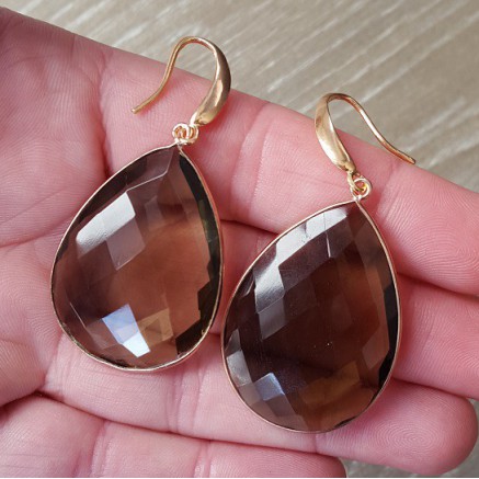 Rosé gilt earrings with large smokey topaz