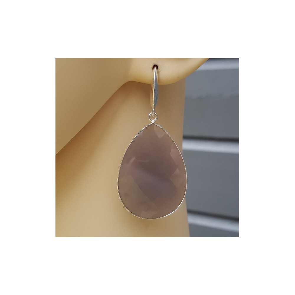 Silver earrings with large gray chalcedone