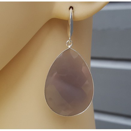 Silver earrings with large gray chalcedone