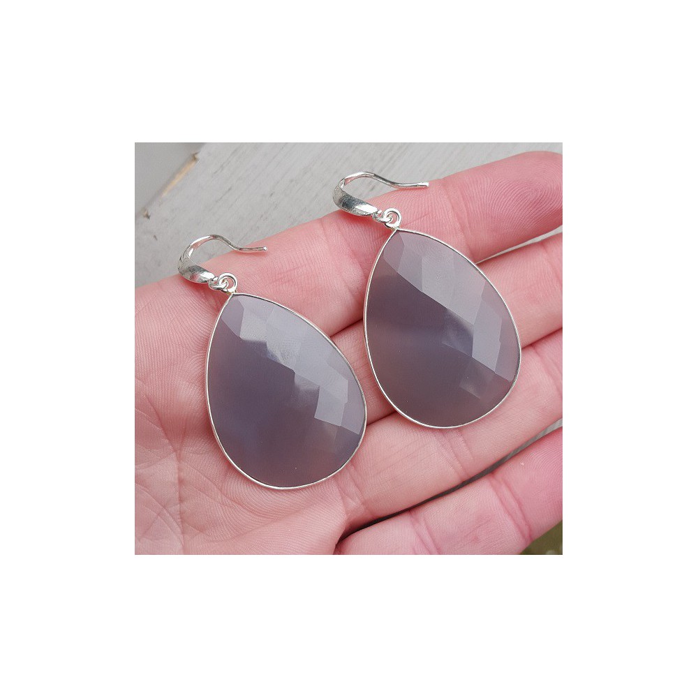 Silver earrings with large gray chalcedone