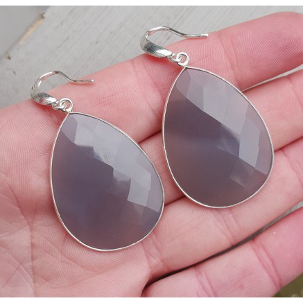 Silver earrings with large gray chalcedone