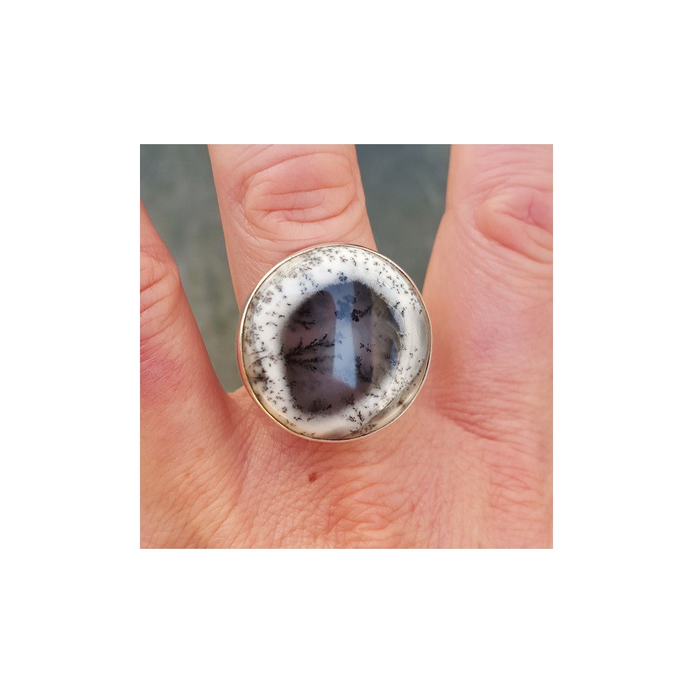 Silver ring set with round dendrite opal 19 mm