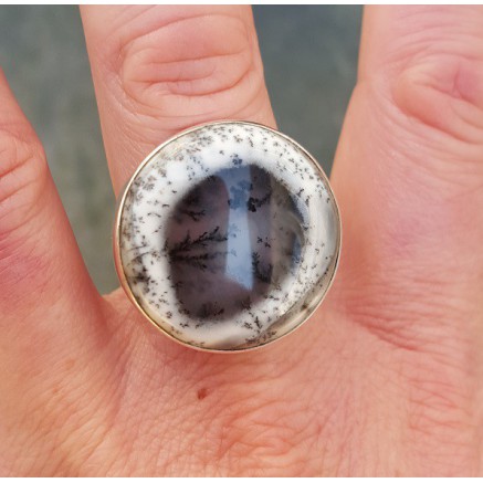 Silver ring set with round dendrite opal 19 mm