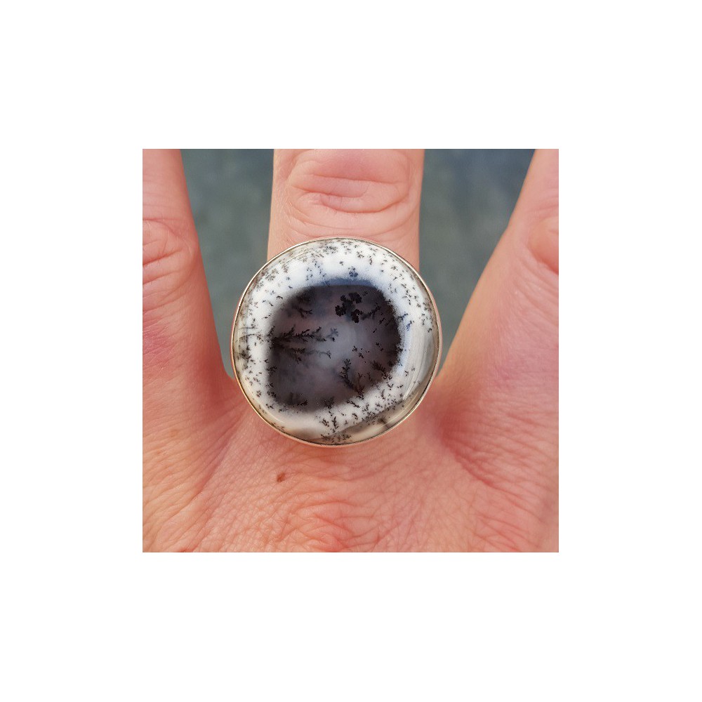 Silver ring set with round dendrite opal 19 mm