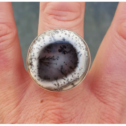 Silver ring set with round dendrite opal 19 mm