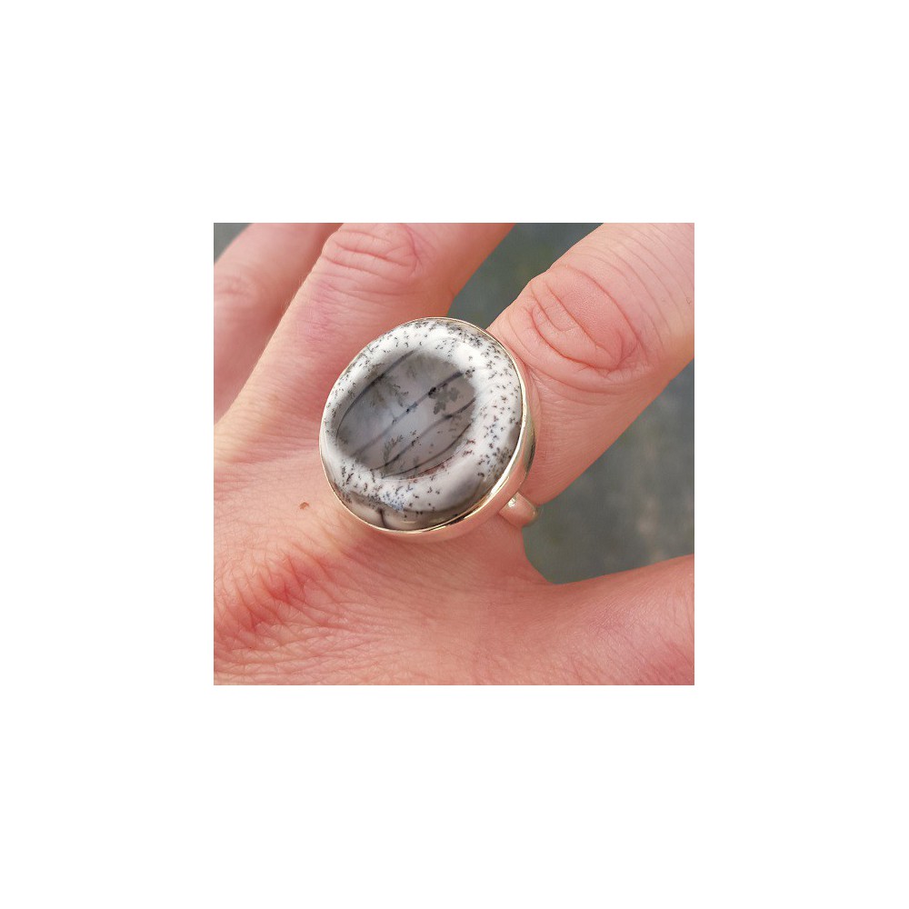 Silver ring set with round dendrite opal 19 mm