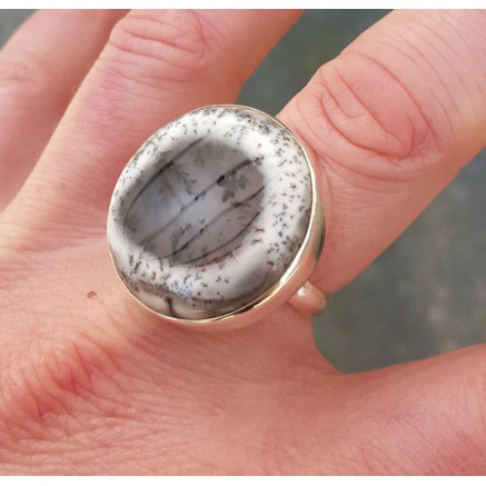 Silver ring set with round dendrite opal 19 mm