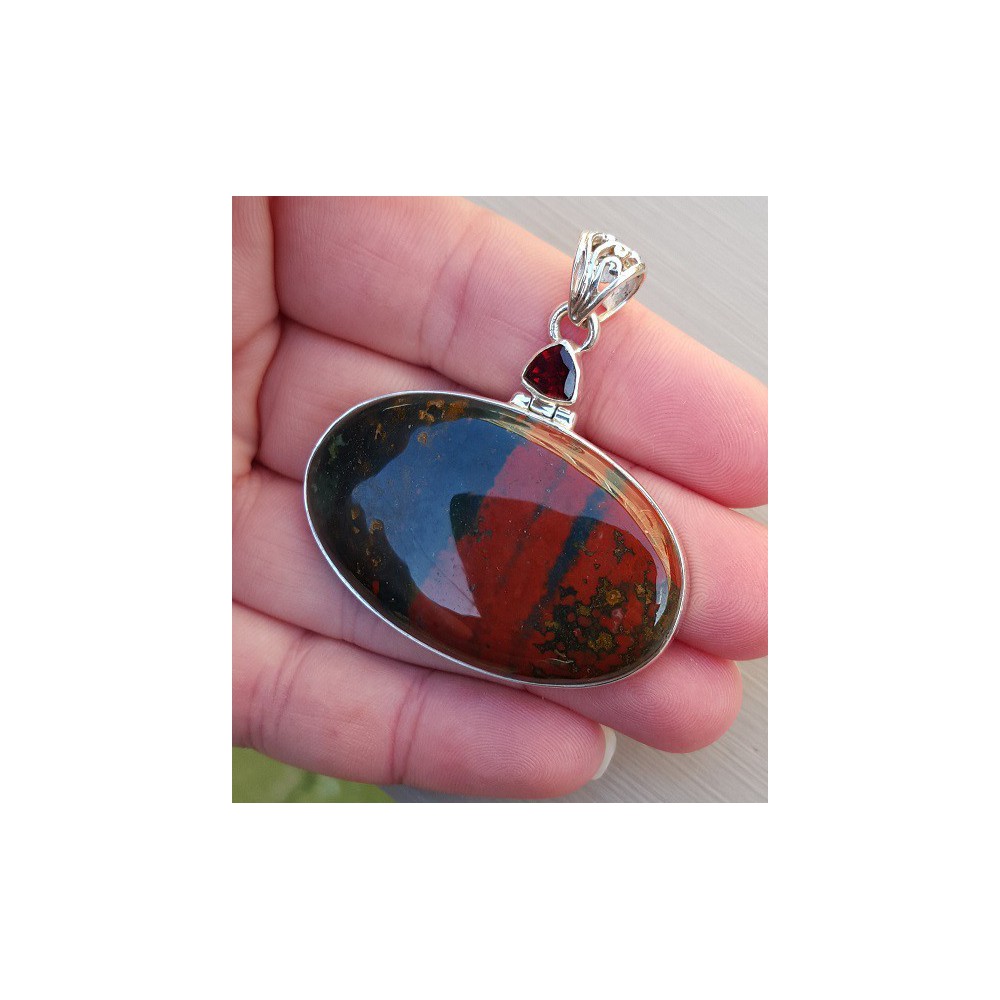 Silver pendant with triangular grenade and oval bloodstone