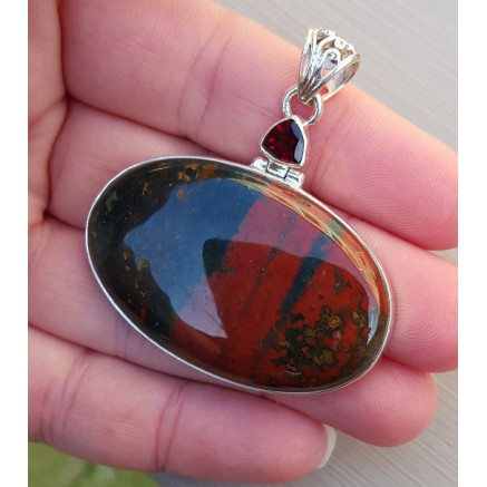 Silver pendant with triangular grenade and oval bloodstone