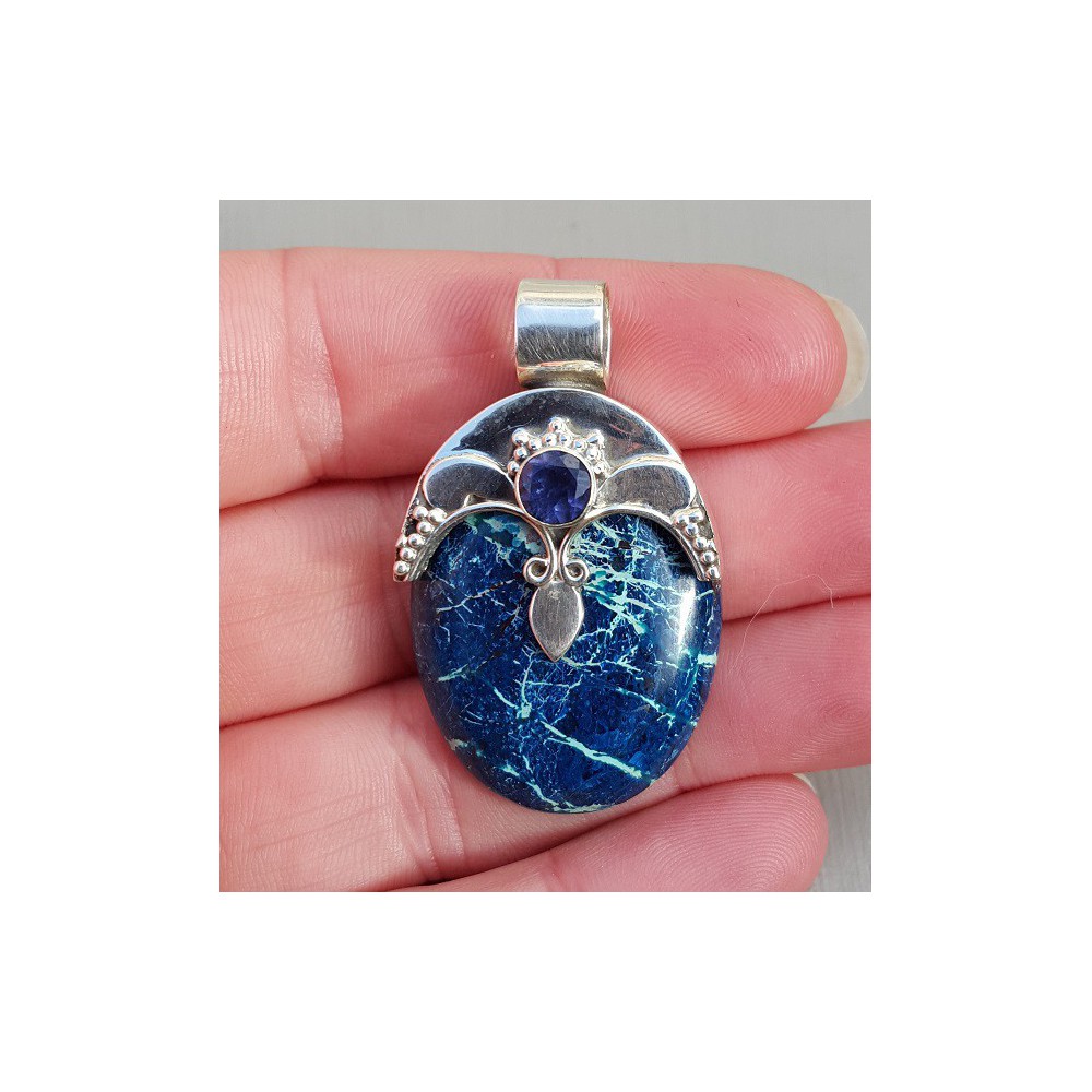 Silver pendant set with oval Shattuckite and Round Iolite