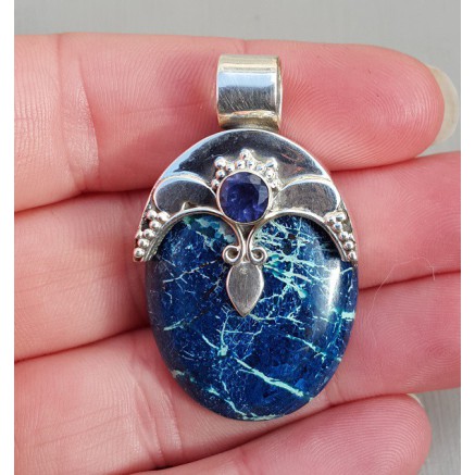 Silver pendant set with oval Shattuckite and Round Iolite