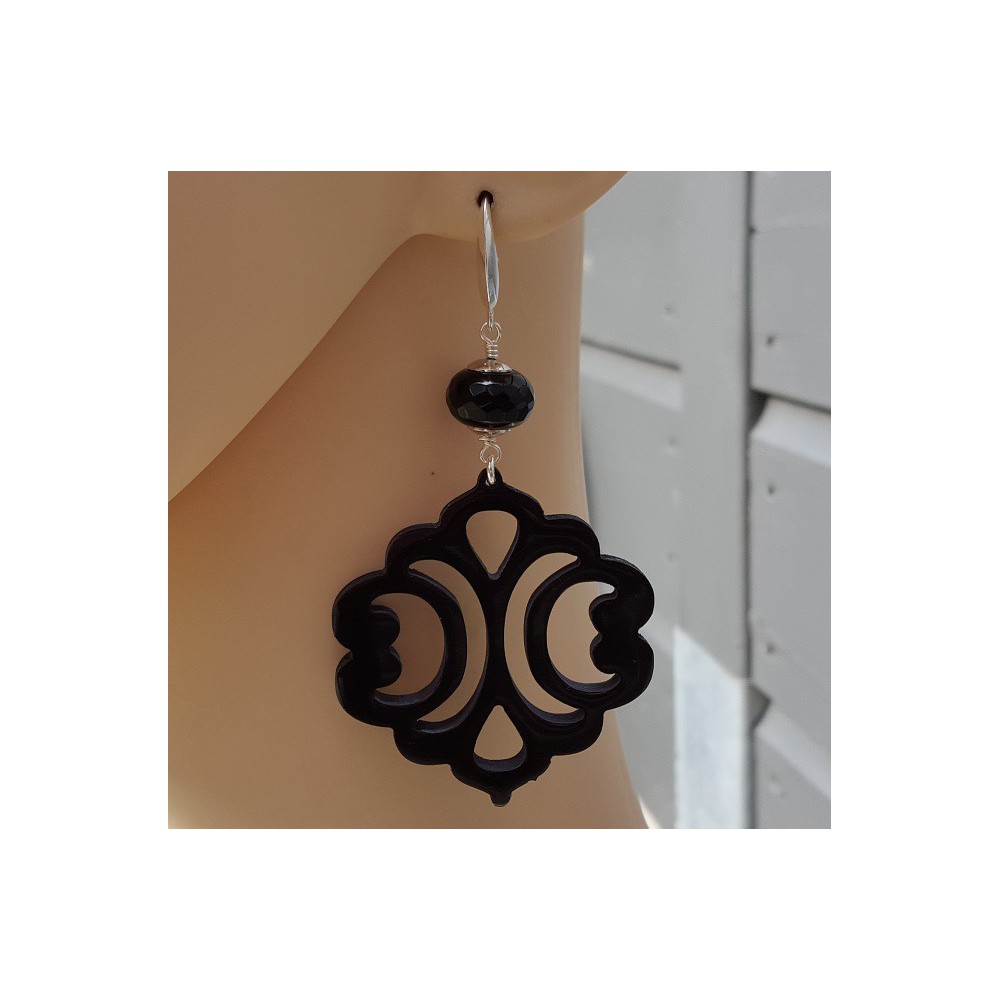 Earrings with black Onyx Rondelle and cut black buffalo horn