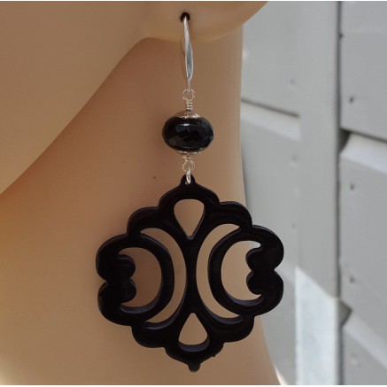 Earrings with black Onyx Rondelle and cut black buffalo horn