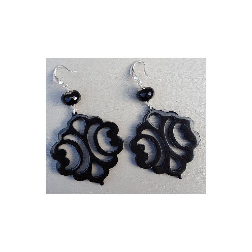 Earrings with black Onyx Rondelle and cut black buffalo horn