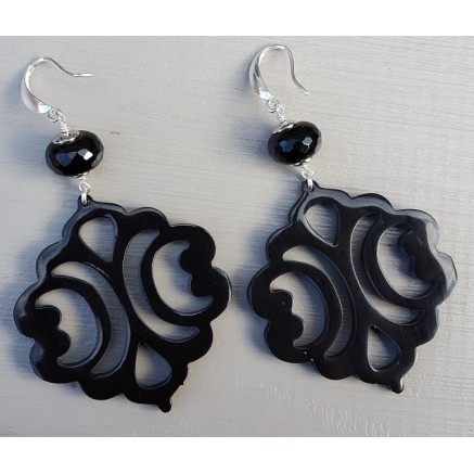 Earrings with black Onyx Rondelle and cut black buffalo horn