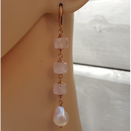 Earrings with square rose quartz and pearl